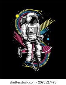 Cute astronaut riding a tricycle in space.
Astronaut riding tricycle on space with planet background vector illustration design.