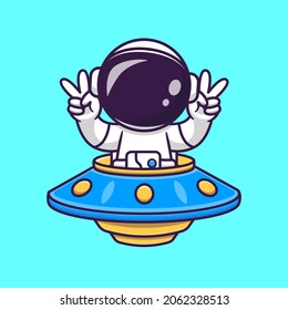 Cute Astronaut Riding UFO With Peace Sign Cartoon Vector Icon Illustration. Science Technology Icon Concept Isolated Premium Vector. Flat Cartoon Style