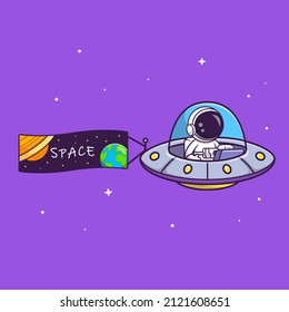 Cute Astronaut Riding UFO With Space Banner Cartoon Vector Icon Illustration. Science Technology Icon Concept Isolated Premium Vector. Flat Cartoon Style