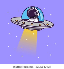 Cute Astronaut Riding Ufo In Space Cartoon Vector Icon Illustration. Science Technology Icon Concept Isolated Premium Vector. Flat Cartoon Style