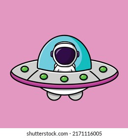 Cute Astronaut Riding Ufo Spaceship Cartoon Vector Icon Illustration. Science Technology Icon Concept Isolated Premium Vector.