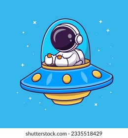 Cute Astronaut Riding Ufo Spaceship Cartoon Vector Icon Illustration. Science Technology Icon Concept Isolated Premium Vector. Flat Cartoon Style