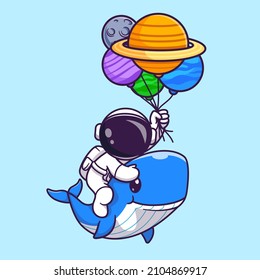 Cute Astronaut Riding Cute Whale And Holding Balloon Cartoon Vector Icon Illustration Science Animal Icon Concept Isolated Premium Vector. Flat Cartoon Style