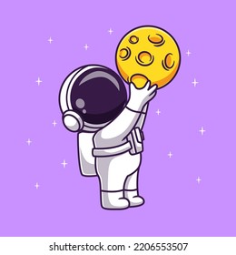 Cute Astronaut Rising To Moon In Space Cartoon Vector Icon Illustration Science Technology Icon Concept Isolated Premium Vector. Flat Cartoon Style