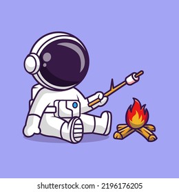 Cute Astronaut Roasting Marshmallow On Bonfire Cartoon Vector Icon Illustration. Science Food Icon Concept Isolated Premium Vector. Flat Cartoon Style