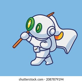 Cute astronaut robot bring a flag. Isolated cartoon science technology illustration. Flat Style suitable for Sticker Icon Design Premium Logo vector