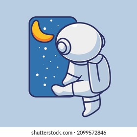 cute astronaut robot climb the window to see the universe