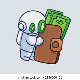 cute astronaut robot holding a giant money wallet. Isolated cartoon person illustration. Flat Style suitable for Sticker Icon Design Premium Logo vector