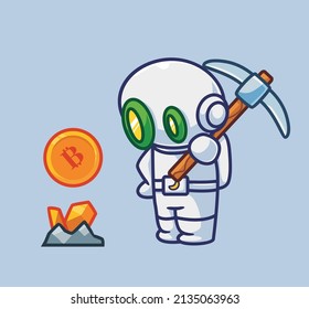 cute astronaut robot miner found a gold coin.