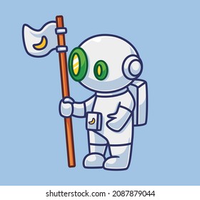 Cute astronaut robot with moon flag. Isolated cartoon person science technology illustration. Flat Style suitable for Sticker IconDesign Premium Logo vector. Mascot Character