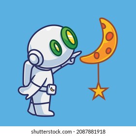 cute astronaut robot pointing at moon and star. Isolated cartoon science technology illustration. Flat Style suitable for Sticker Icon Design Premium Logo vector