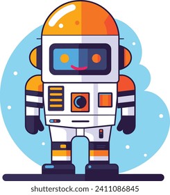 Cute astronaut robot with a smiling face screen standing on a surface with stars and a moon in the background. Friendly space machine on space mission vector illustration.