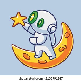 cute astronaut robot take a star on the moon. Isolated cartoon person illustration. Flat Style suitable for Sticker Icon Design Premium Logo vector