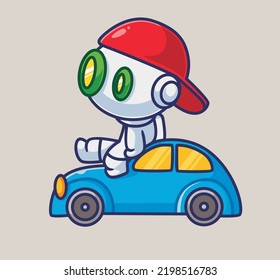 cute astronaut robot vacation travel with a car. Isolated cartoon person illustration. Flat Style suitable for Sticker Icon Design Premium Logo vector