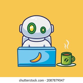 Cute astronaut robot working on laptop. Isolated cartoon person technology illustration. Flat Style suitable for Sticker Icon Design Premium Logo vector