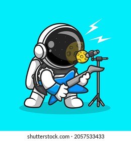 Cute Astronaut Rocker Sing With Guitar Cartoon Vector Icon Illustration. Music Science Icon Concept Isolated Premium Vector. Flat Cartoon Style