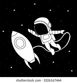 Cute astronaut with rocket in outer space.Prints vector design.Childish illustration

