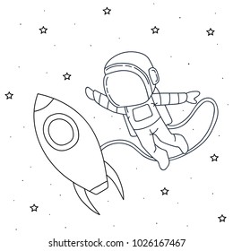 Cute astronaut with rocket in outer space.Prints vector design.Childish illustration

