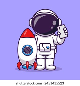 Lindo Astronauta Con Cohete Y Teléfono Ilustración De Icono De Vector De Dibujos Animados. Concepto de ícono de Tecnología de Ciencia Vector de Premium aislado. Estilo plano de dibujos animados