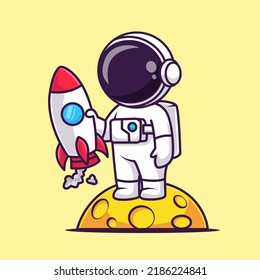 Cute Astronaut Rocket Toy On Moon Cartoon Vector Icon Illustration. Science Technology Icon Concept Isolated Premium Vector. Flat Cartoon Style