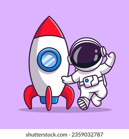Cute Astronaut With Rocket And Waving Hand Cartoon Vector Icon Illustration. Science Technology Icon Concept Isolated Premium Vector. Flat Cartoon Style