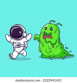 Cute Astronaut Run Away From Monster Cartoon Vector Icon Illustration. Science Holiday Icon Concept Isolated Premium Vector. Flat Cartoon Style