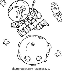 Cute astronaut running on the moon hand drawn coloring book cartoon isolated on white