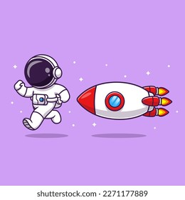 Cute Astronaut Running From Rocket Cartoon Vector Icon Illustration. Science Technology Icon Concept Isolated Premium Vector. Flat Cartoon Style