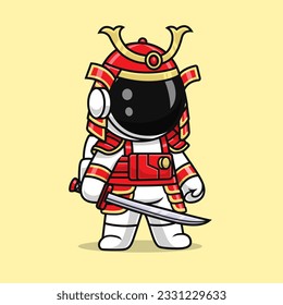 Cute Astronaut Samurai With Katana Sword Cartoon Vector Icon Illustration. Science Holiday Icon Concept Isolated Premium Vector. Flat Cartoon Style