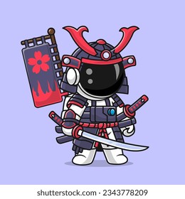 Cute Astronaut Samurai With Katana Sword Cartoon Vector Icon Illustration. Science Holiday Icon Concept Isolated Premium Vector. Flat Cartoon Style