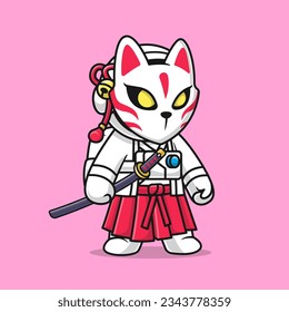 Cute Astronaut Samurai With Kitsune Mask And Katana Sword Cartoon Vector Icon Illustration. Science Holiday Icon Concept Isolated Premium Vector. Flat Cartoon Style