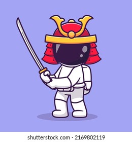 Cute Astronaut Samurai Warrior Holding Sword Cartoon Vector Icon Illustration. Science Holiday Icon Concept Isolated Premium Vector. Flat Cartoon Style