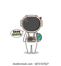 Cute astronaut save the earth. Vector illustration of chibi character isolated on white background.