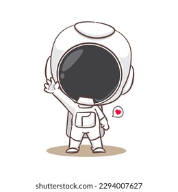 Cute astronaut say hello cartoon character. Space concept design. Hand drawn flat adorable chibi vector illustration. Isolated white background