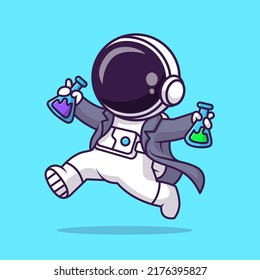 Cute Astronaut Scientist Bring Chemical Tube Cartoon Vector Icon Illustration. Science Technology Icon Concept Isolated Premium Vector. Flat Cartoon Style