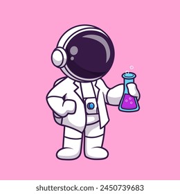 Cute Astronaut Scientist Holding Lab Tube Cartoon Vector Icon Illustration. Science Technology Icon Concept Isolated Premium Vector. Flat Cartoon Style