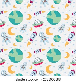 Cute Astronaut Seamless Pattern Background Vector in Space with Element of Astronauts, Rocket, Earth, Moon, Stars