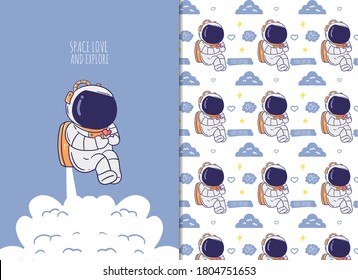 Cute astronaut seamless pattern color background.
