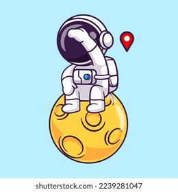 Cute Astronaut Searching Location On Moon Cartoon Vector Icon Illustration. Science Technology Icon Concept Isolated Premium Vector. Flat Cartoon Style