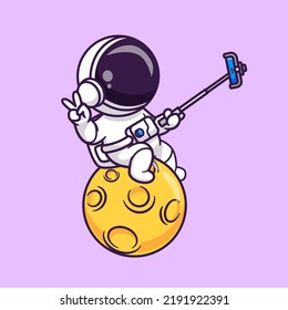 Cute Astronaut Selfie With Phone On Moon Cartoon Vector Icon Illustration Science Technology Icon Concept Isolated Premium Vector. Flat Cartoon Style