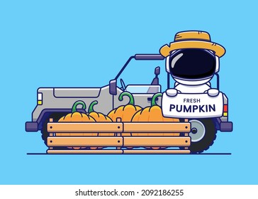 Cute astronaut selling fresh pumpkin  