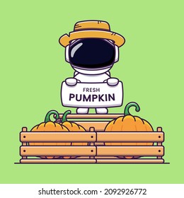 Cute astronaut selling fresh pumpkin