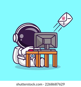 Cute Astronaut Send Mail Envelope With Computer Cartoon Vector Icon Illustration. Science Technology Icon Concept Isolated Premium Vector. Flat Cartoon Style