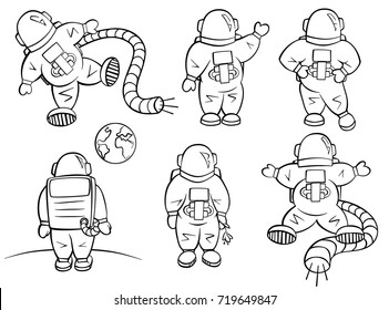 Cute Astronaut Set In Cartoon Style. A Variety Of Same Spaceman Character In Different Positions, Action, Emotions.