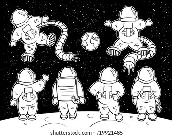 Cute Astronaut Set In Cartoon Style. A Variety Of Same Spaceman Character In Different Positions, Action, Emotions On Space Background.