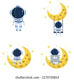 Juego de Astronautas con Ilustración de Icono de vectores de caricatura de Crescent Moon y Star. Concepto de icono de tecnología de ciencia de vectores premium