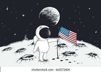 Cute astronaut sets a flag of USA on Moon.Hand drawn style.Childish vector illustration