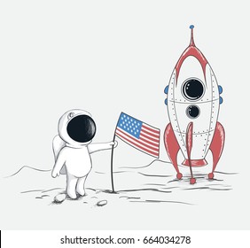 Cute astronaut sets a flag of USA on Moon or new planet.Hand drawn style.Childish vector illustration