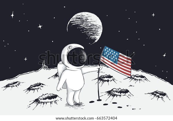 Cute astronaut sets a flag of USA on\
Moon.Hand drawn style.Childish vector\
illustration