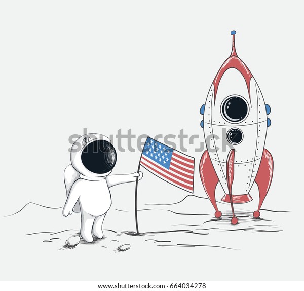 Cute astronaut sets a\
flag of USA on Moon or new planet.Hand drawn style.Childish vector\
illustration